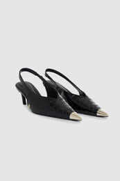 ANINE BING Nina Heels With Metal Toe Cap - Black Embossed - Side Pair View