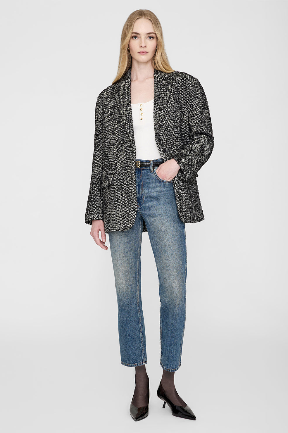 ANINE BING Quinn Blazer - Salt And Pepper - On Model Front