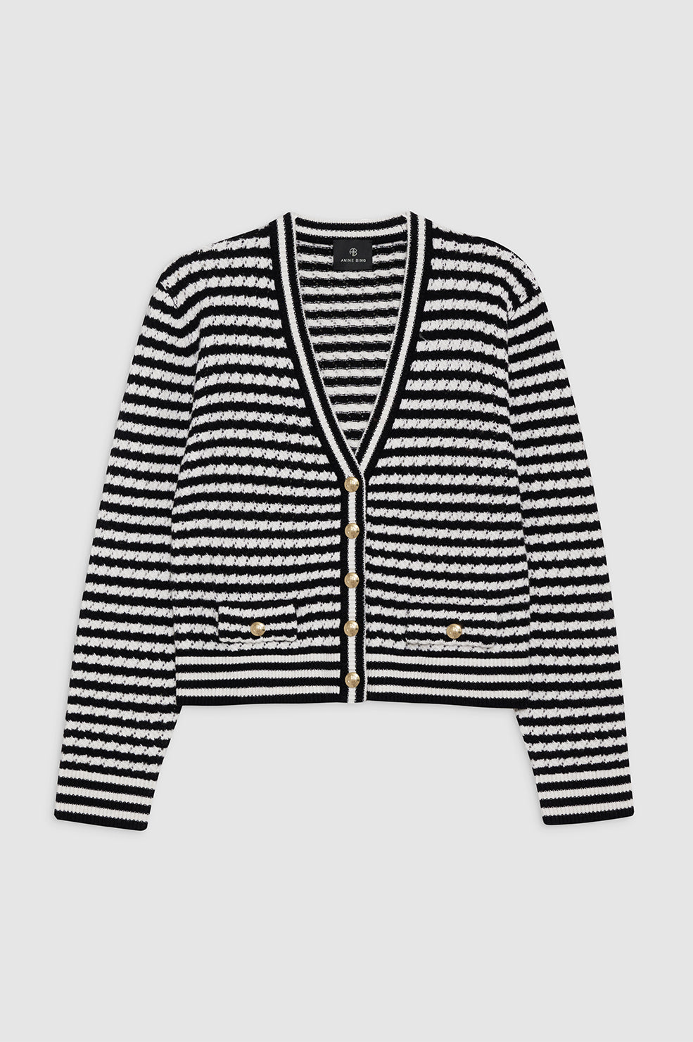 ANINE BING Gwen Cardigan - Black And Ivory Stripe - Front View