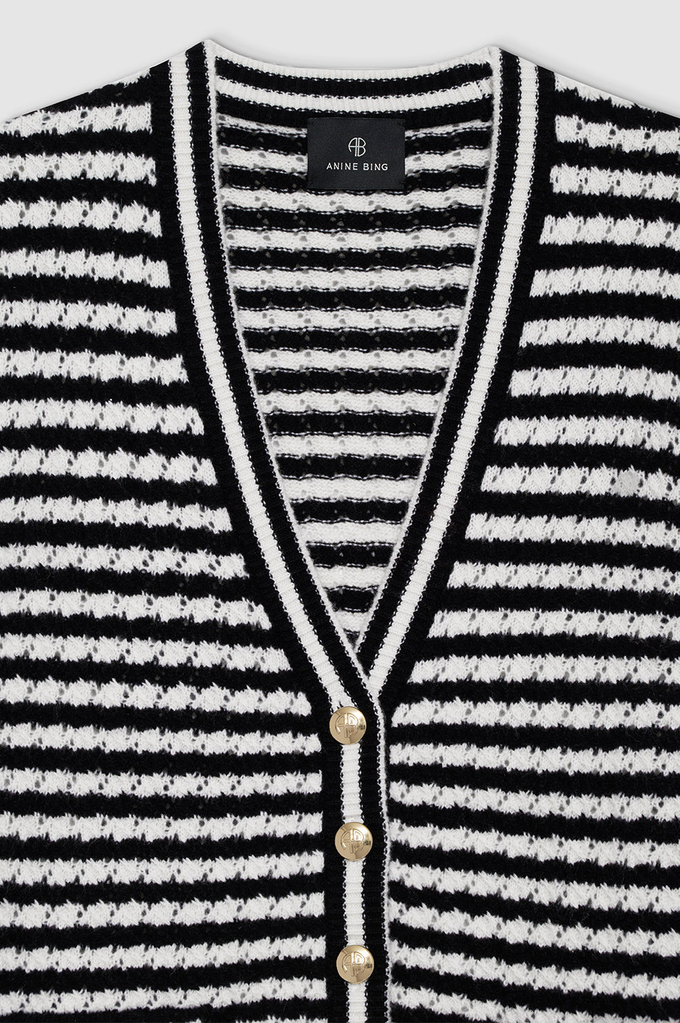 ANINE BING Gwen Cardigan - Black And Ivory Stripe - Detail View